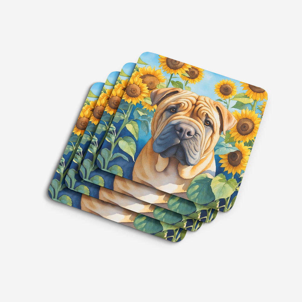 Shar Pei in Sunflowers Foam Coasters Set of 4 Cup Coasters for Indoor Outdoor, Tabletop Protection, Anti Slip, Mouse pad Material