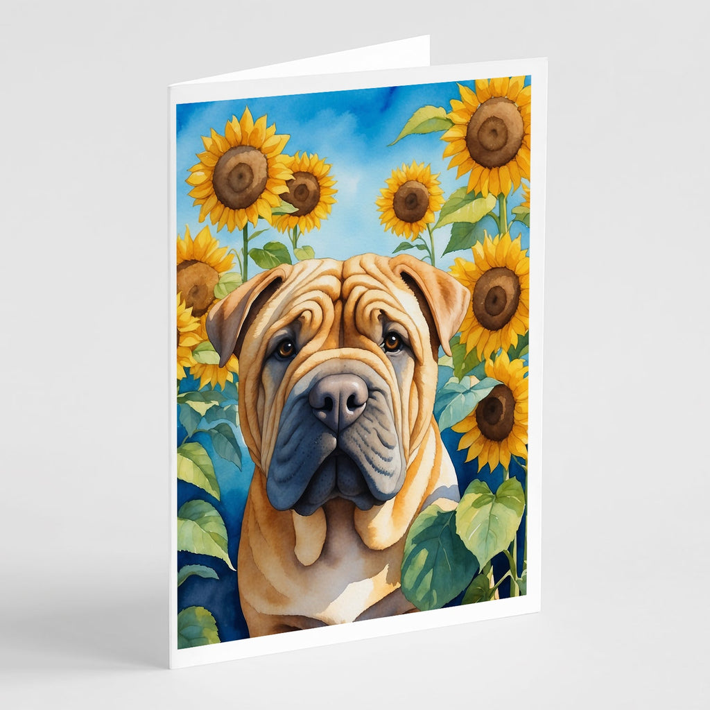 Shar Pei in Sunflowers Greeting Cards Pack of 8 Blank Cards with Envelopes Whimsical A7 Size 5x7