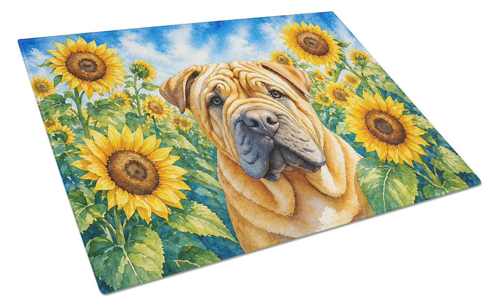 Shar Pei in Sunflowers Cutting Board Tempered Glass Kitchen Cutting Surface, Heat Resistant Chopping Board with Non-Slip Feet, Decorative Food Prep & Serving