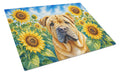 Shar Pei in Sunflowers Cutting Board Tempered Glass Kitchen Cutting Surface, Heat Resistant Chopping Board with Non-Slip Feet, Decorative Food Prep & Serving