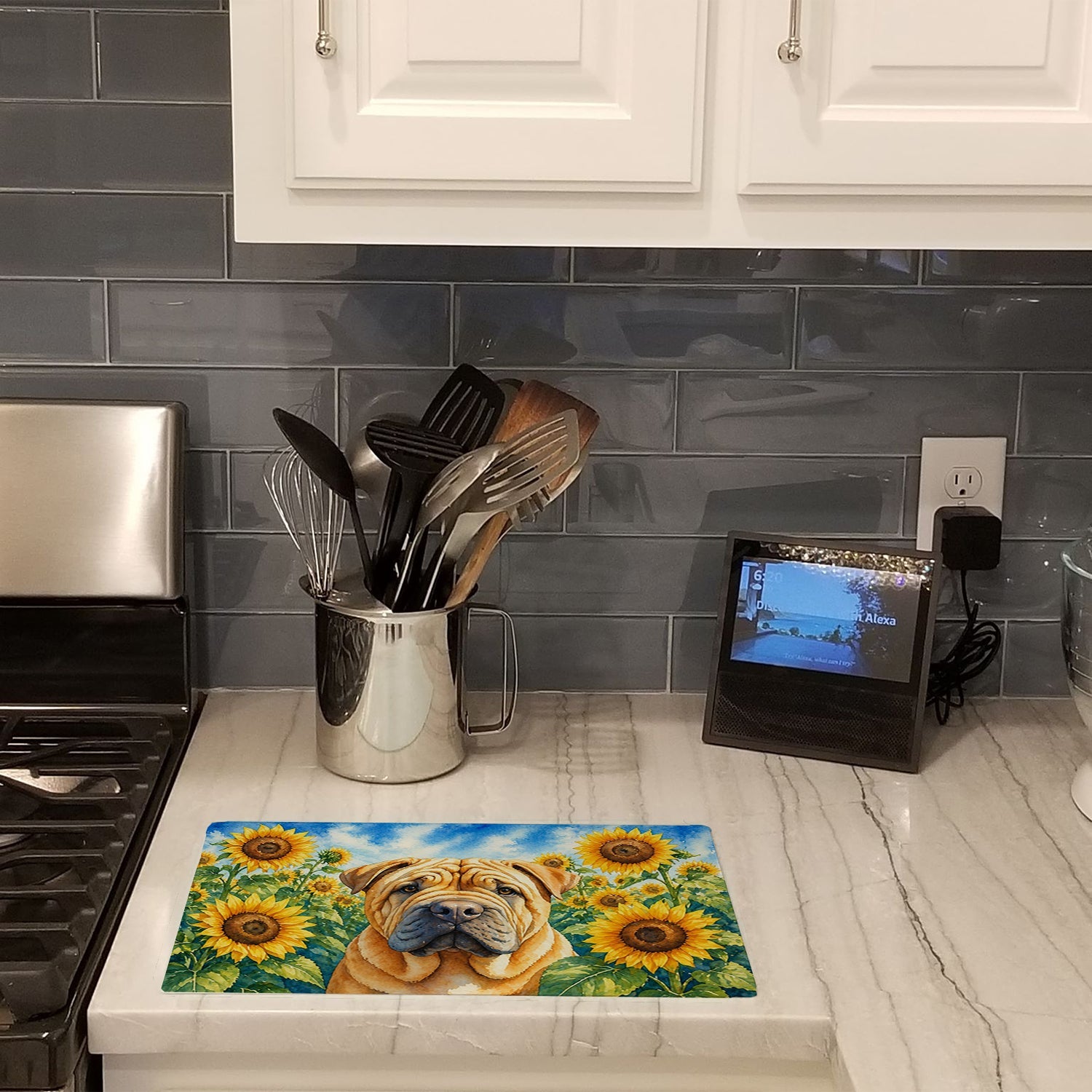 Shar Pei in Sunflowers Cutting Board Tempered Glass Kitchen Cutting Surface, Heat Resistant Chopping Board with Non-Slip Feet, Decorative Food Prep & Serving