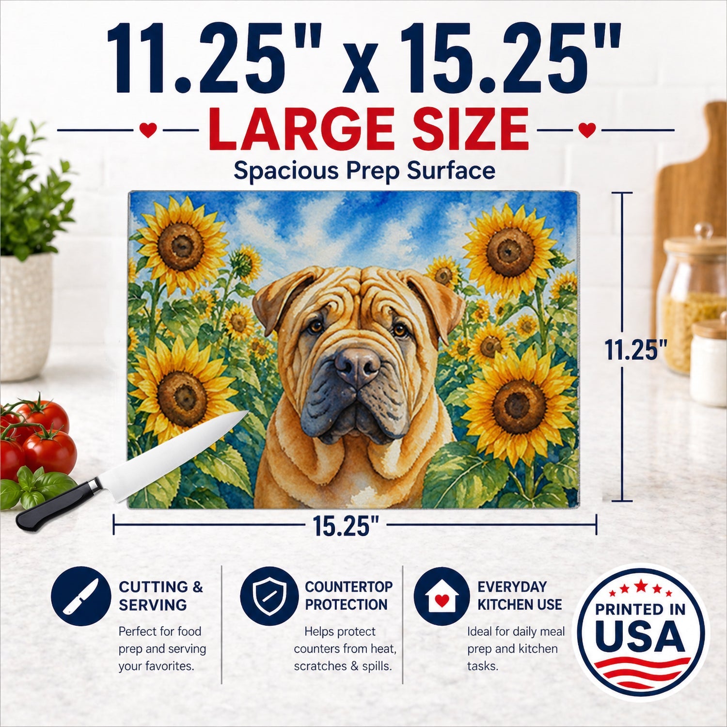 Shar Pei in Sunflowers Cutting Board Tempered Glass Kitchen Cutting Surface, Heat Resistant Chopping Board with Non-Slip Feet, Decorative Food Prep & Serving