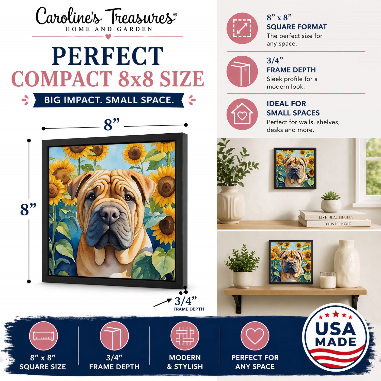 Shar Pei in Sunflowers Framed Metal Print Bathroom, Kitchen, Office, Home Decor Wall Art Ready to Hang, Square, 8X8
