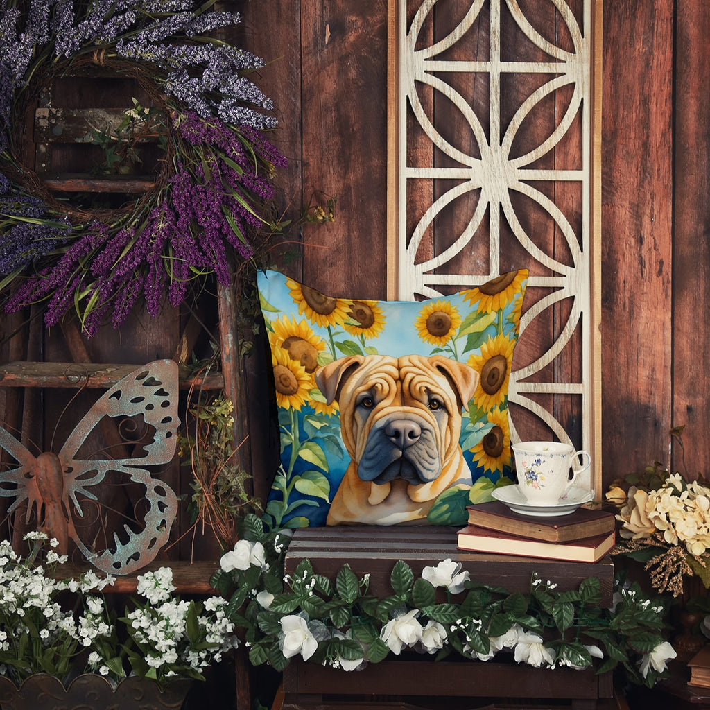 Shar Pei in Sunflowers Decorative Throw Pillow 14x14 Indoor Outdoor Accent Cushion, Fabric Cover with Insert for Sofa, Bed, Porch & Living Room