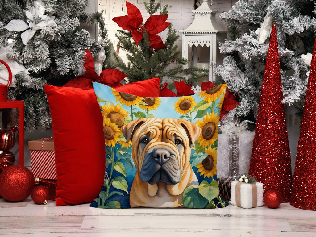 Shar Pei in Sunflowers Decorative Throw Pillow 14x14 Indoor Outdoor Accent Cushion, Fabric Cover with Insert for Sofa, Bed, Porch & Living Room