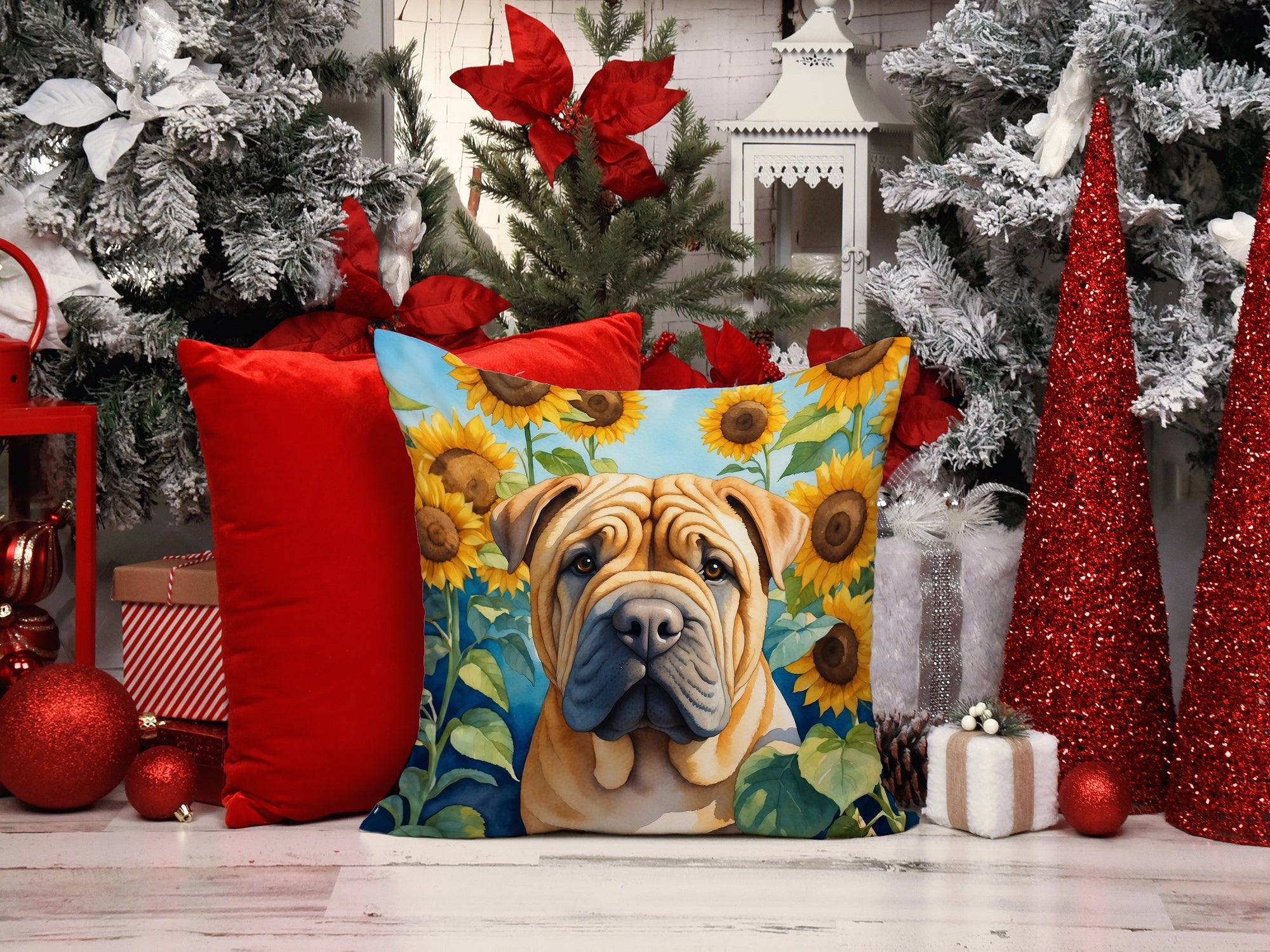 Shar Pei in Sunflowers Decorative Throw Pillow 14x14 Indoor Outdoor Accent Cushion, Fabric Cover with Insert for Sofa, Bed, Porch & Living Room