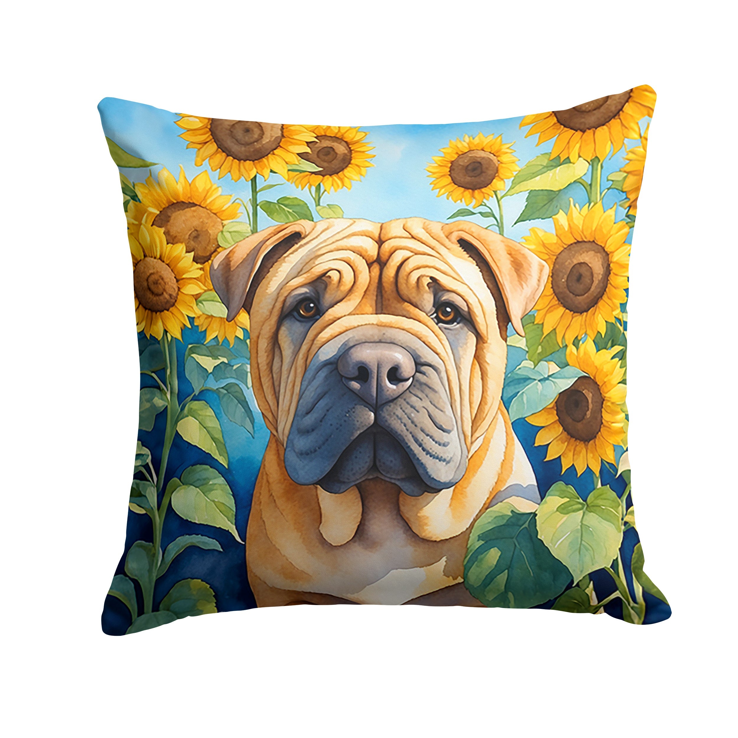 Shar Pei in Sunflowers Decorative Throw Pillow 18x18 Indoor Outdoor Accent Cushion, Fabric Cover with Insert for Sofa, Bed, Porch & Living Room