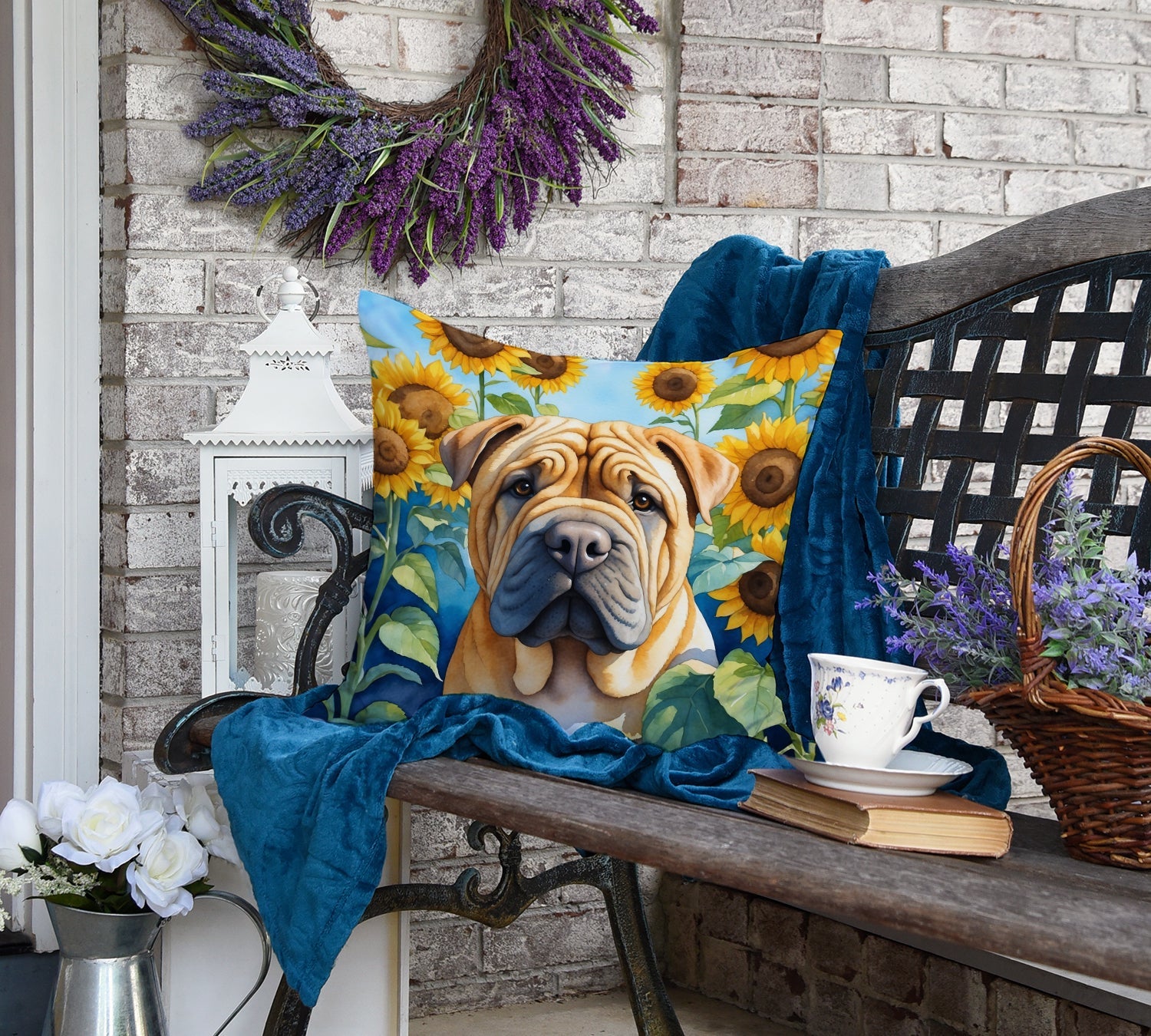Shar Pei in Sunflowers Decorative Throw Pillow 18x18 Indoor Outdoor Accent Cushion, Fabric Cover with Insert for Sofa, Bed, Porch & Living Room