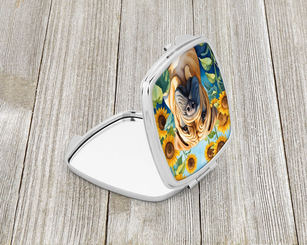 Shar Pei in Sunflowers Compact Mirror Decorative Travel Makeup Mirror for Women Girls Gifts Pocket Makeup Mirror Folding Handheld