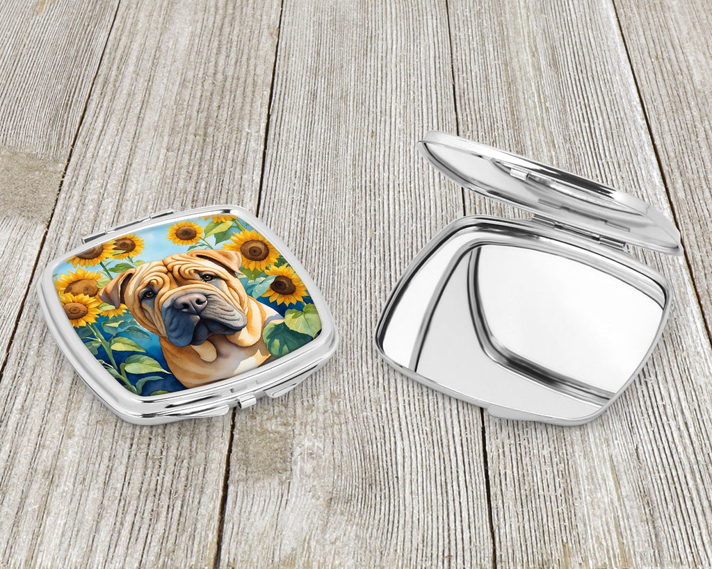 Shar Pei in Sunflowers Compact Mirror Decorative Travel Makeup Mirror for Women Girls Gifts Pocket Makeup Mirror Folding Handheld