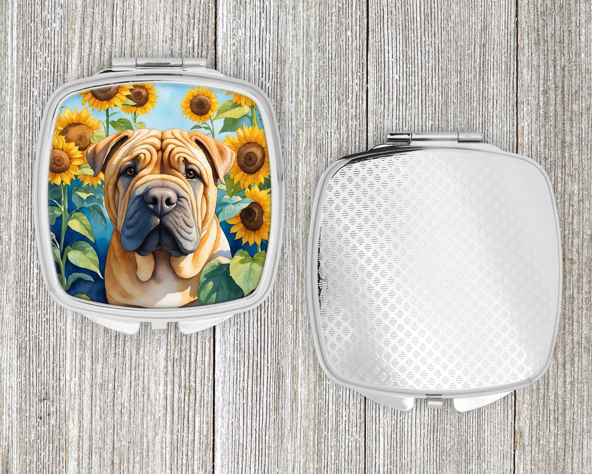 Shar Pei in Sunflowers Compact Mirror Decorative Travel Makeup Mirror for Women Girls Gifts Pocket Makeup Mirror Folding Handheld