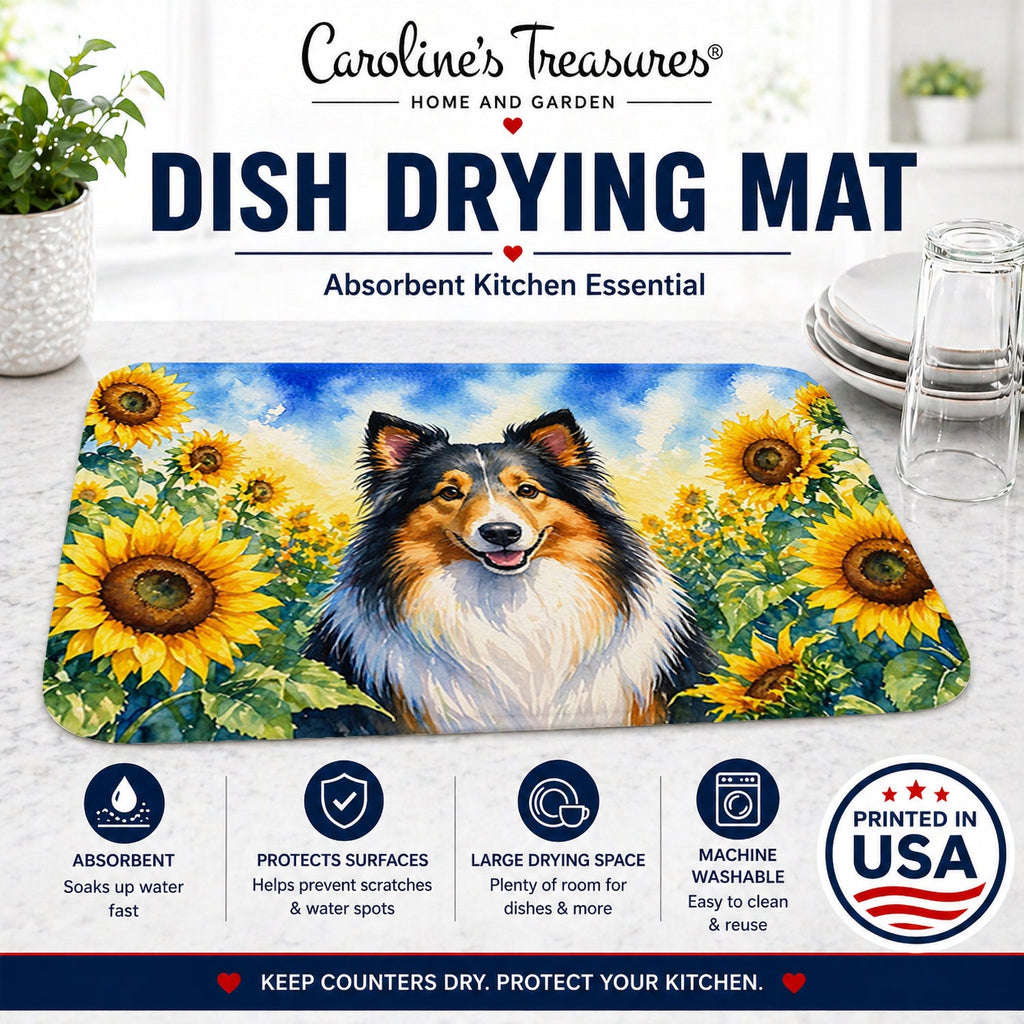 Sheltie in Sunflowers Dish Drying Mat Absorbent Dish Drying Mat Pad for Kitchen Counter Dish Drainer Mat for Countertop, 14 x 21", Multicolor