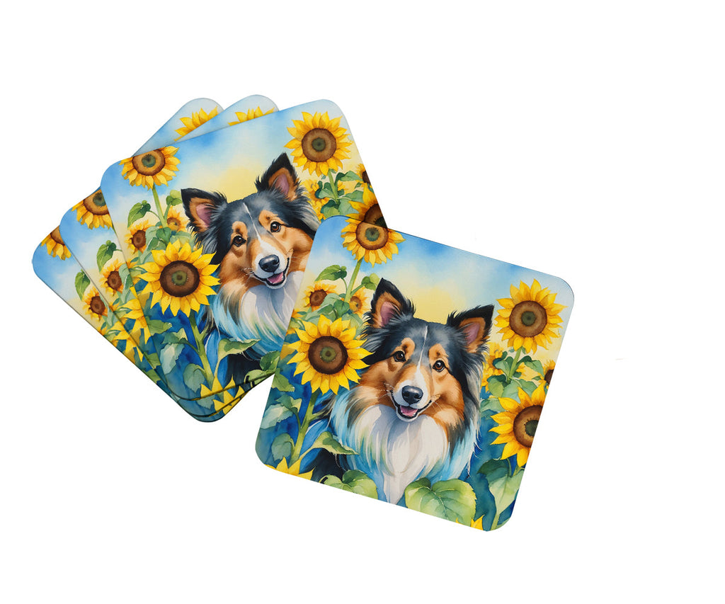 Sheltie in Sunflowers Foam Coasters Set of 4 Cup Coasters for Indoor Outdoor, Tabletop Protection, Anti Slip, Mouse pad Material