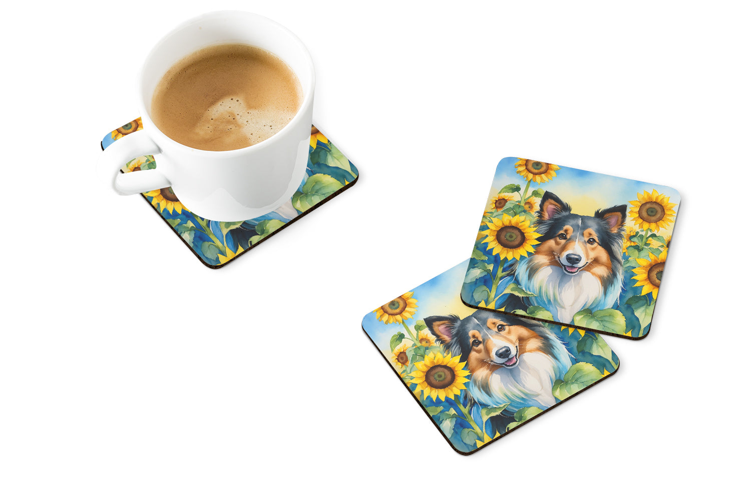Sheltie in Sunflowers Foam Coasters Set of 4 Cup Coasters for Indoor Outdoor, Tabletop Protection, Anti Slip, Mouse pad Material