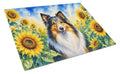 Sheltie in Sunflowers Cutting Board Tempered Glass Kitchen Cutting Surface, Heat Resistant Chopping Board with Non-Slip Feet, Decorative Food Prep & Serving
