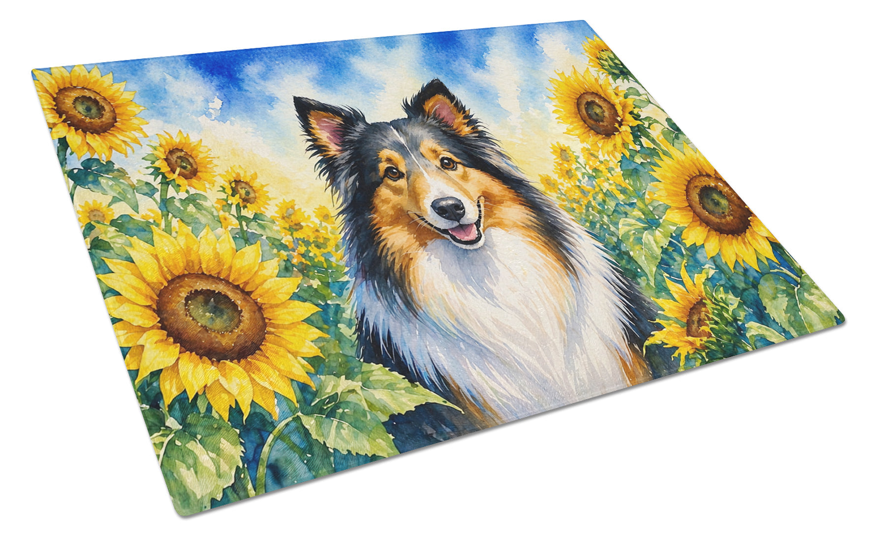 Sheltie in Sunflowers Cutting Board Tempered Glass Kitchen Cutting Surface, Heat Resistant Chopping Board with Non-Slip Feet, Decorative Food Prep & Serving