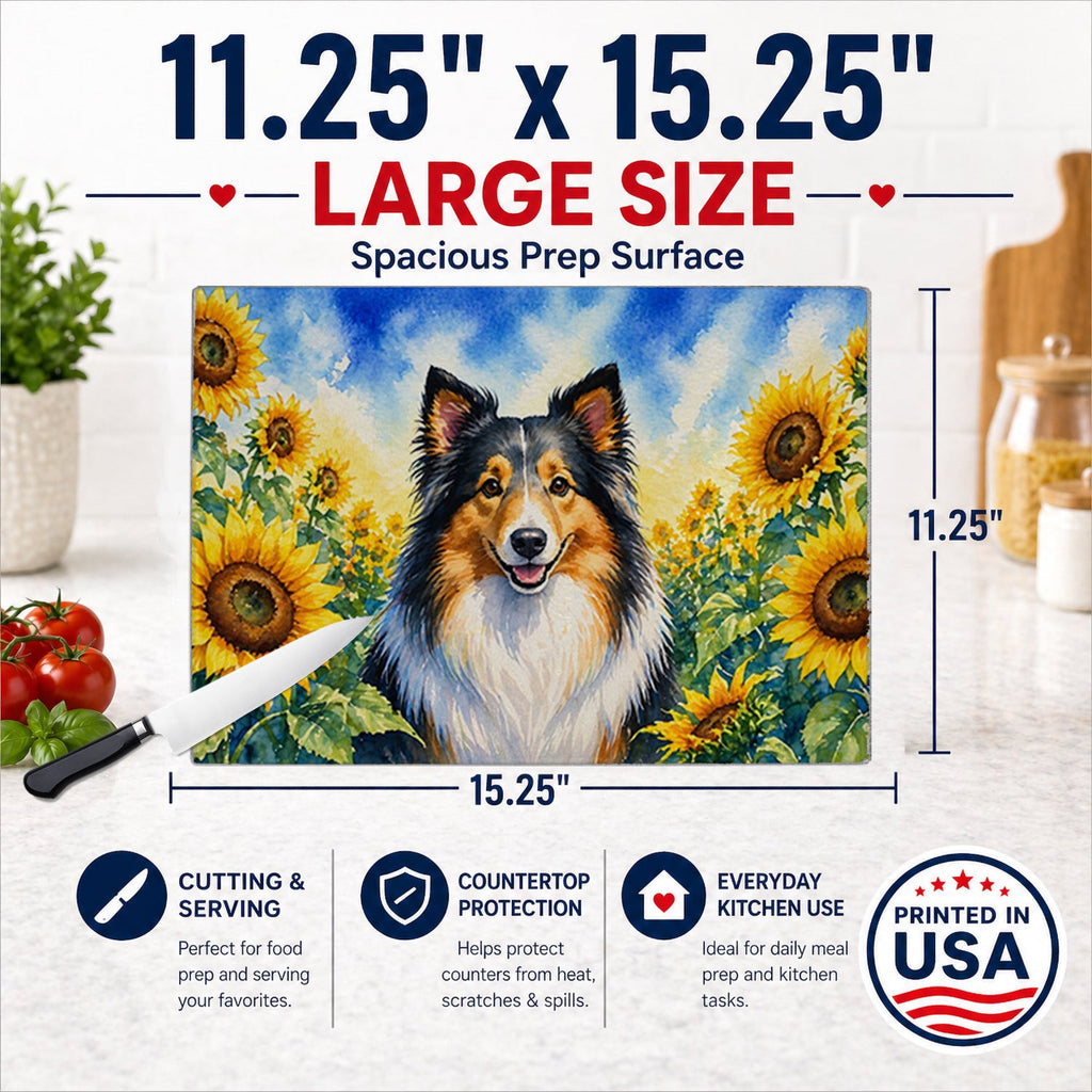 Sheltie in Sunflowers Cutting Board Tempered Glass Kitchen Cutting Surface, Heat Resistant Chopping Board with Non-Slip Feet, Decorative Food Prep & Serving