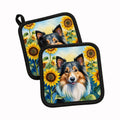 Sheltie in Sunflowers Pot Holder Set of 2 Heat Resistant Quilted Hot Pads 7.5 x 7.5 Inch, Insulated Kitchen Trivets for Cooking & Baking