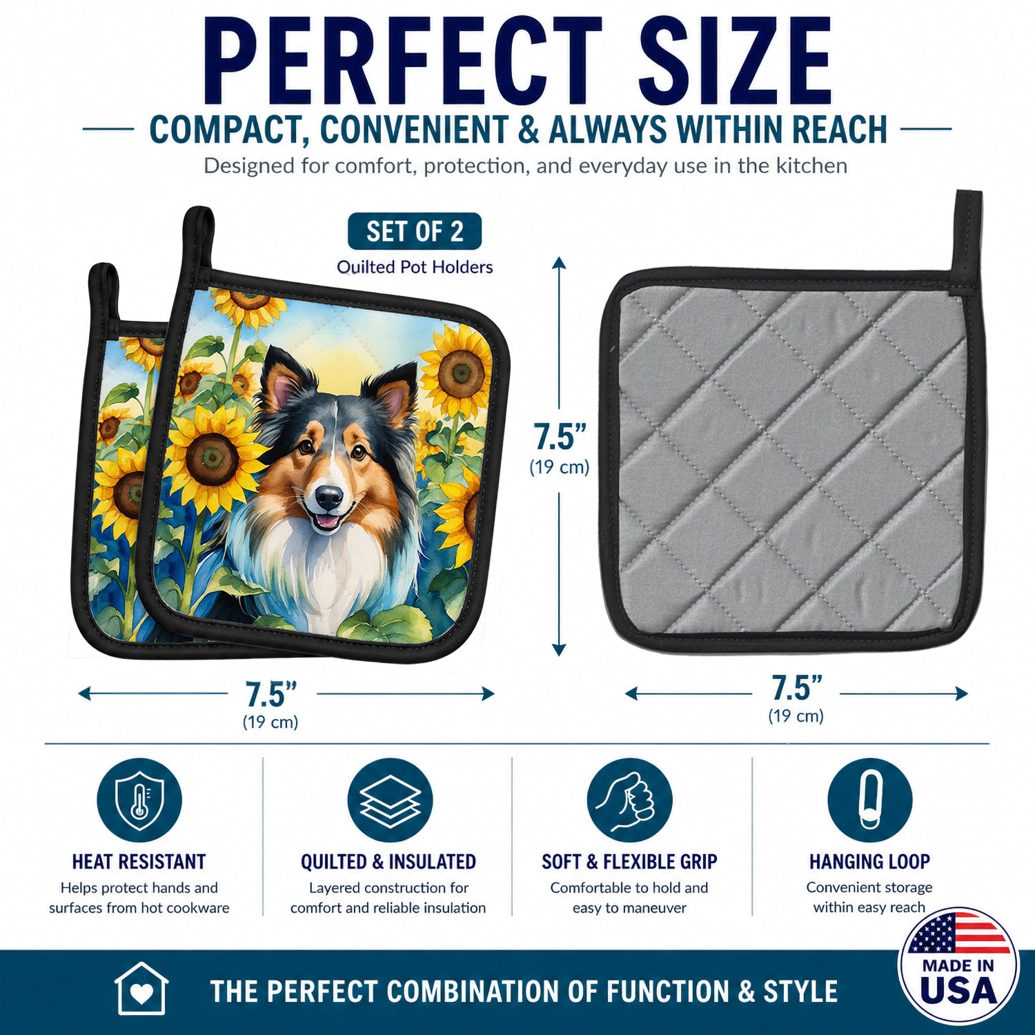 Sheltie in Sunflowers Pot Holder Set of 2 Heat Resistant Quilted Hot Pads 7.5 x 7.5 Inch, Insulated Kitchen Trivets for Cooking & Baking