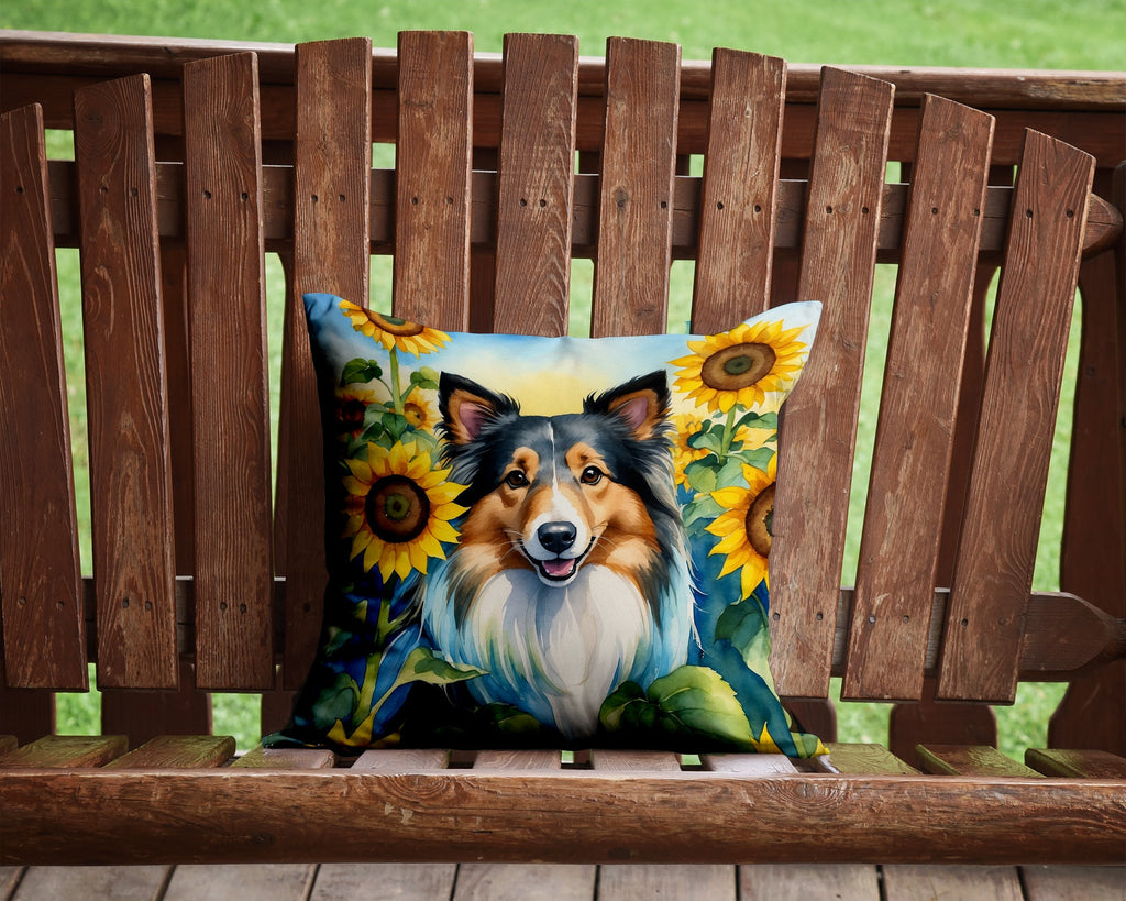 Sheltie in Sunflowers Decorative Throw Pillow 14x14 Indoor Outdoor Accent Cushion, Fabric Cover with Insert for Sofa, Bed, Porch & Living Room