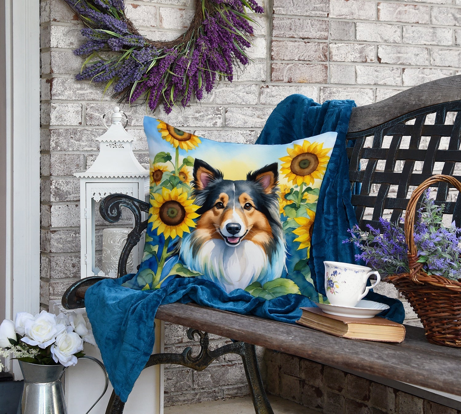 Sheltie in Sunflowers Decorative Throw Pillow 18x18 Indoor Outdoor Accent Cushion, Fabric Cover with Insert for Sofa, Bed, Porch & Living Room