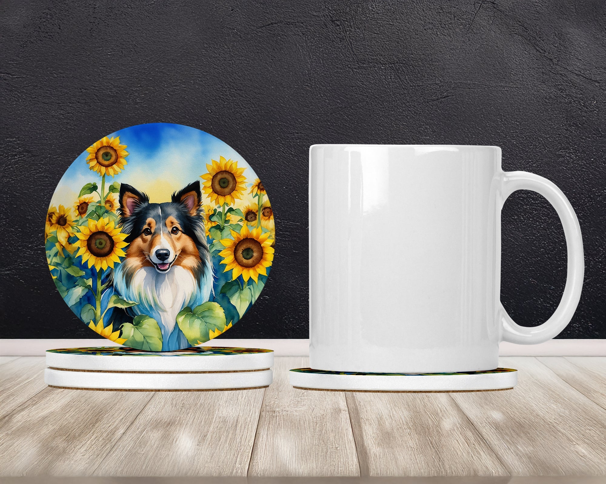 Sheltie in Sunflowers Large Sandstone Coasters Pack of 4 Absorbent Round Coasters Decor Gifts for Men or Women, 4 in, Multicolor