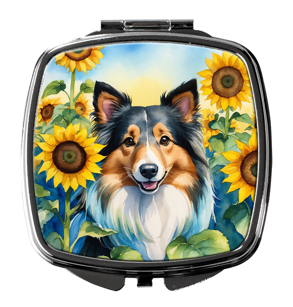 Sheltie in Sunflowers Compact Mirror Decorative Travel Makeup Mirror for Women Girls Gifts Pocket Makeup Mirror Folding Handheld
