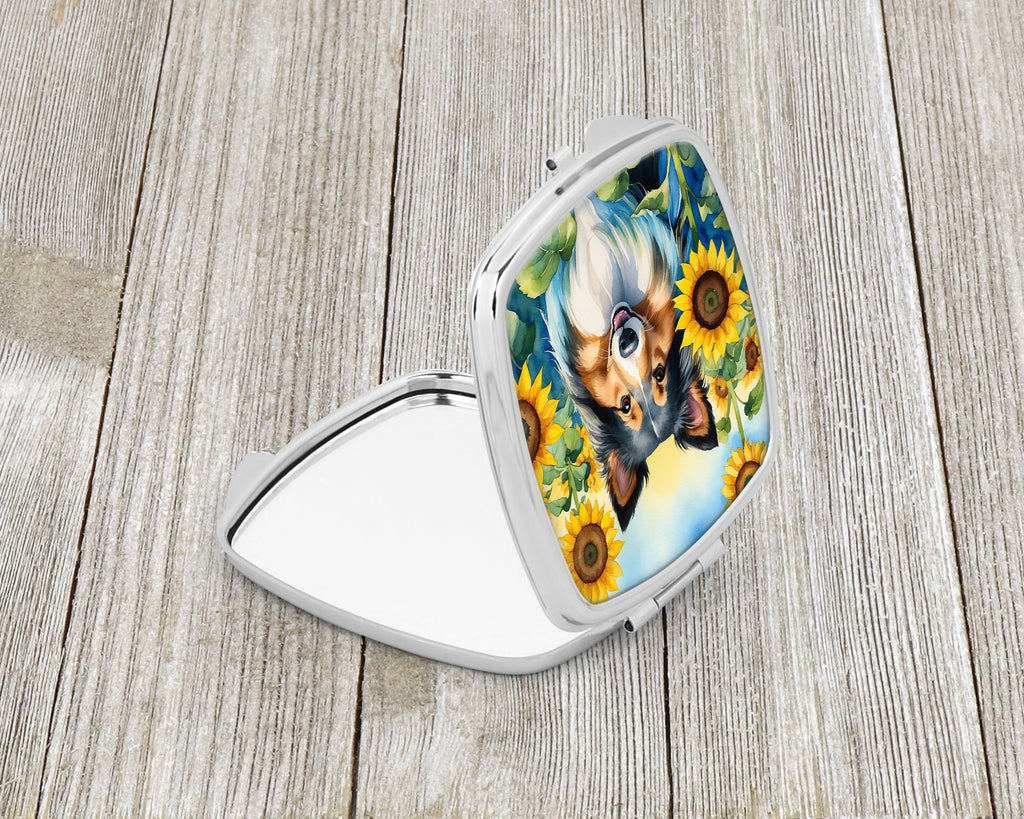 Sheltie in Sunflowers Compact Mirror Decorative Travel Makeup Mirror for Women Girls Gifts Pocket Makeup Mirror Folding Handheld