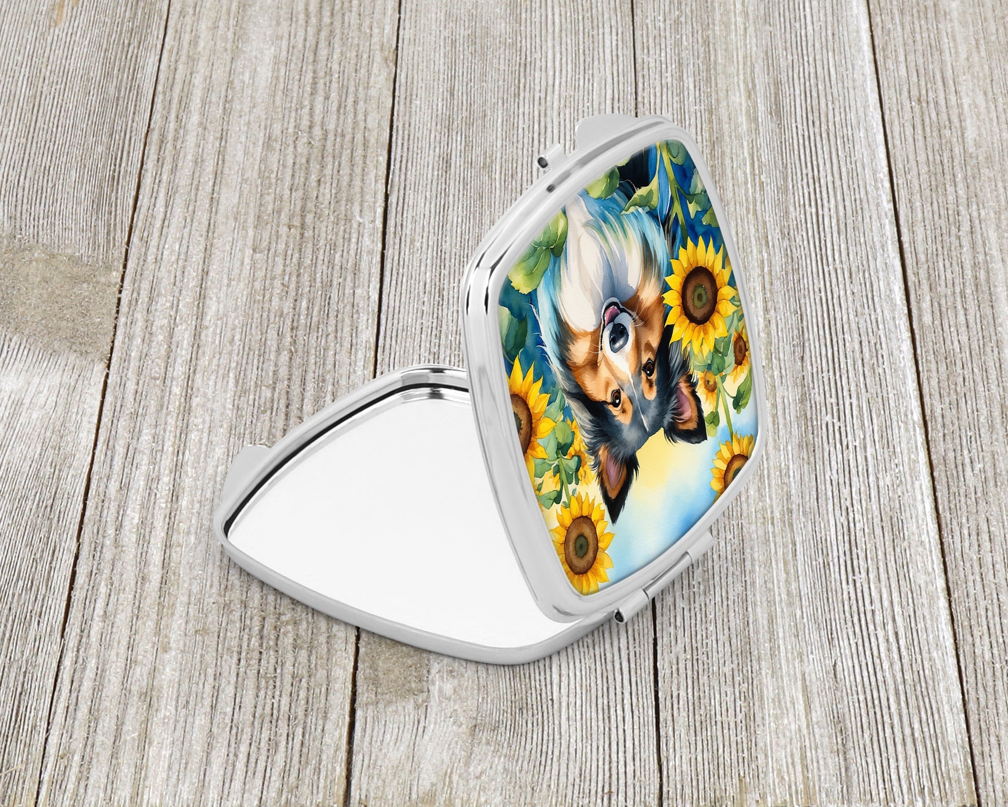 Sheltie in Sunflowers Compact Mirror Decorative Travel Makeup Mirror for Women Girls Gifts Pocket Makeup Mirror Folding Handheld