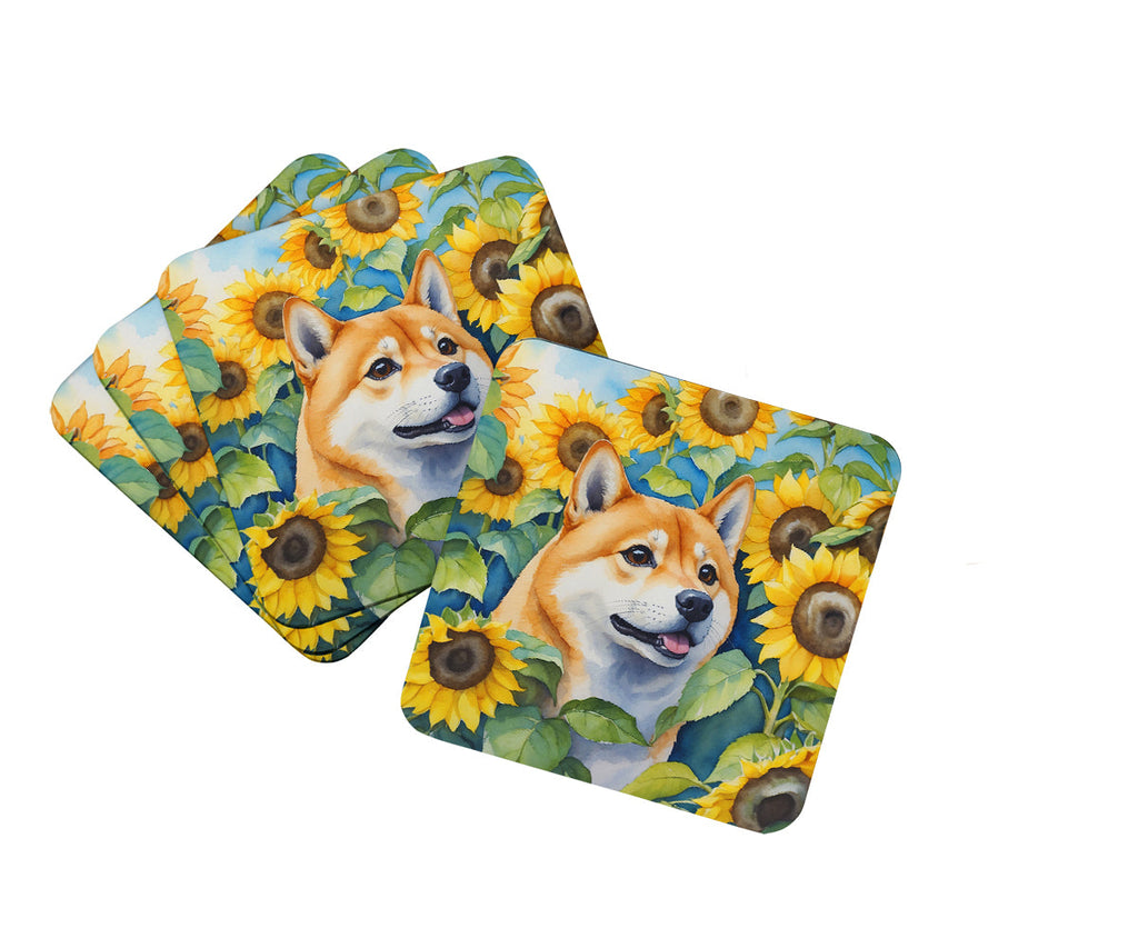 Shiba Inu in Sunflowers Foam Coasters Set of 4 Cup Coasters for Indoor Outdoor, Tabletop Protection, Anti Slip, Mouse pad Material
