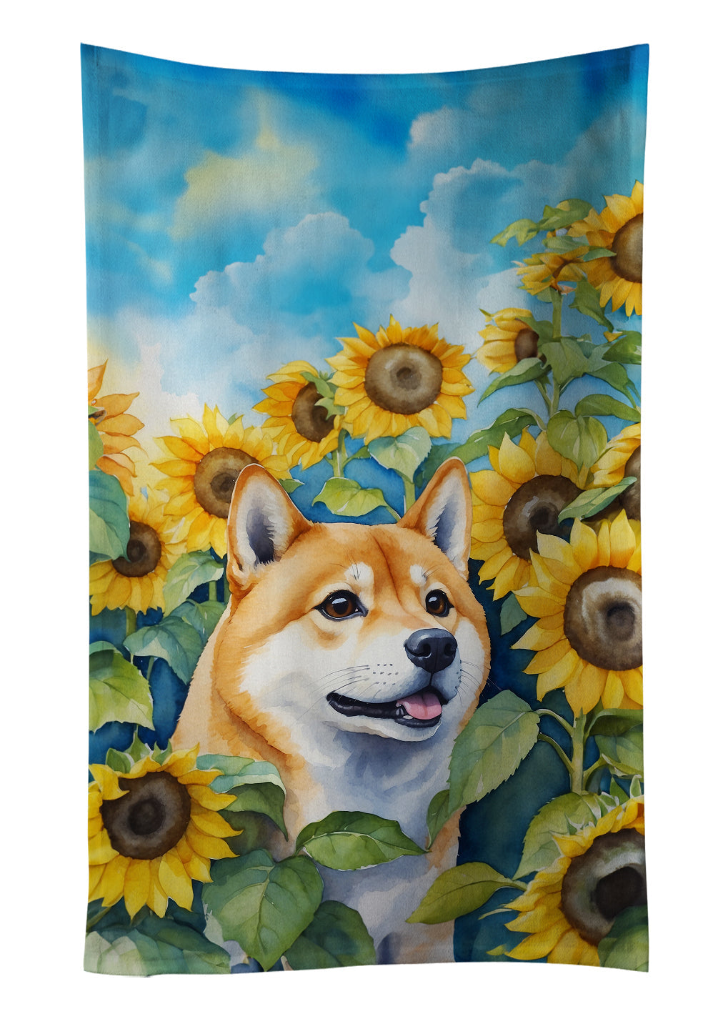 Shiba Inu in Sunflowers Kitchen Towel Velour Plush Front and Cotton Loop Back Machine Washable