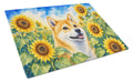 Shiba Inu in Sunflowers Cutting Board Tempered Glass Kitchen Cutting Surface, Heat Resistant Chopping Board with Non-Slip Feet, Decorative Food Prep & Serving