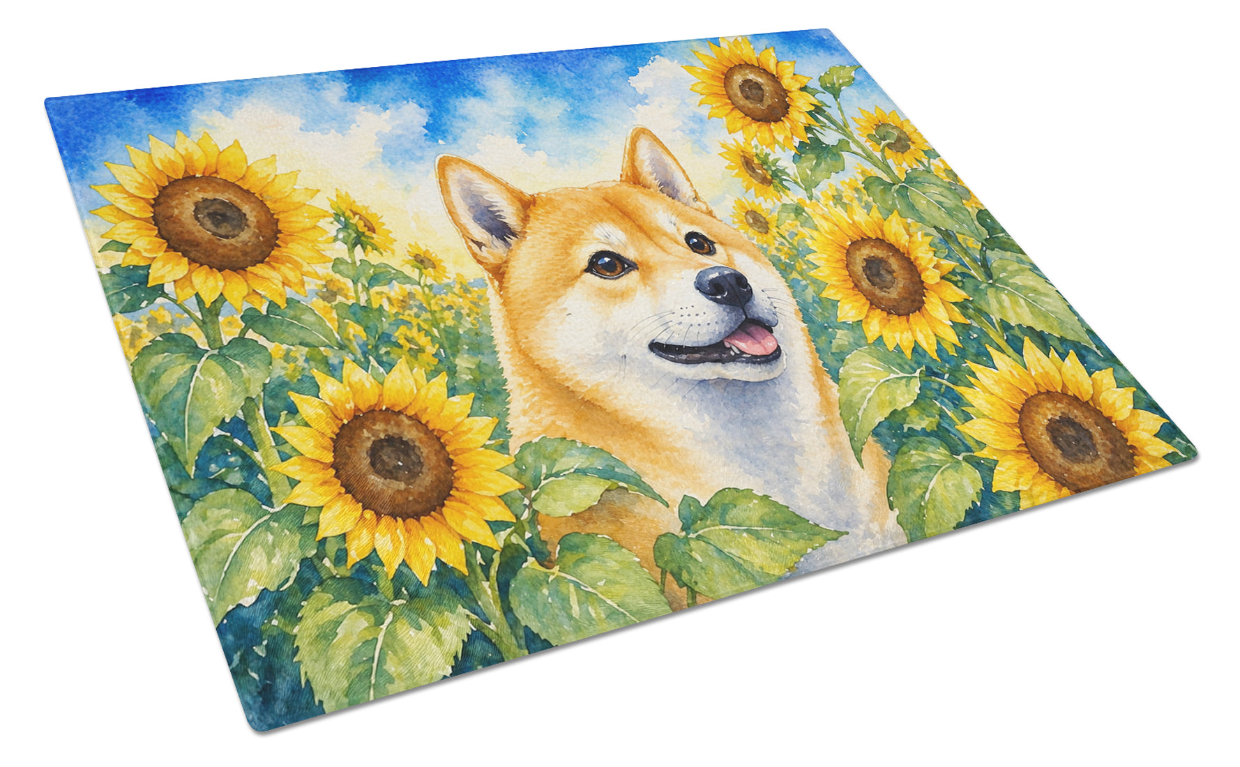 Shiba Inu in Sunflowers Cutting Board Tempered Glass Kitchen Cutting Surface, Heat Resistant Chopping Board with Non-Slip Feet, Decorative Food Prep & Serving