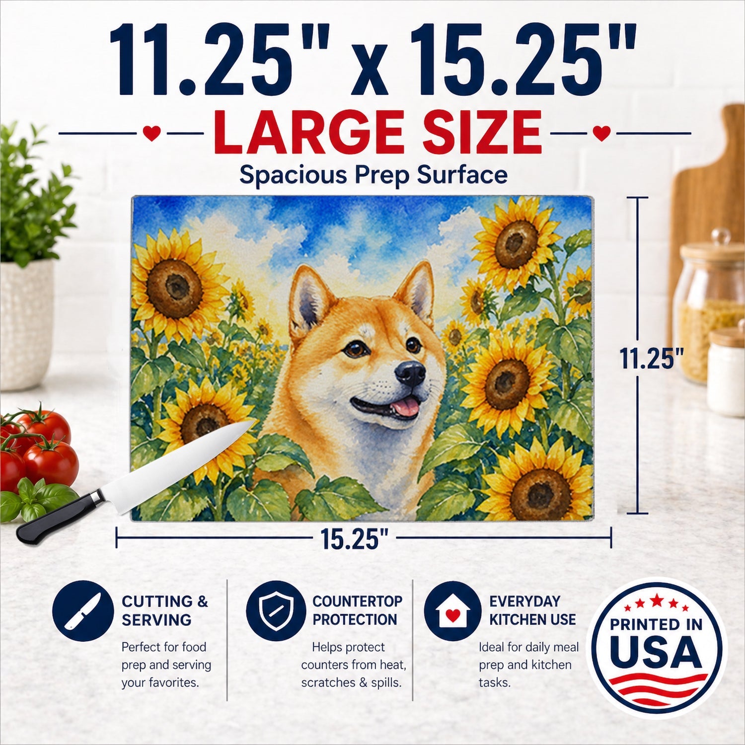 Shiba Inu in Sunflowers Cutting Board Tempered Glass Kitchen Cutting Surface, Heat Resistant Chopping Board with Non-Slip Feet, Decorative Food Prep & Serving