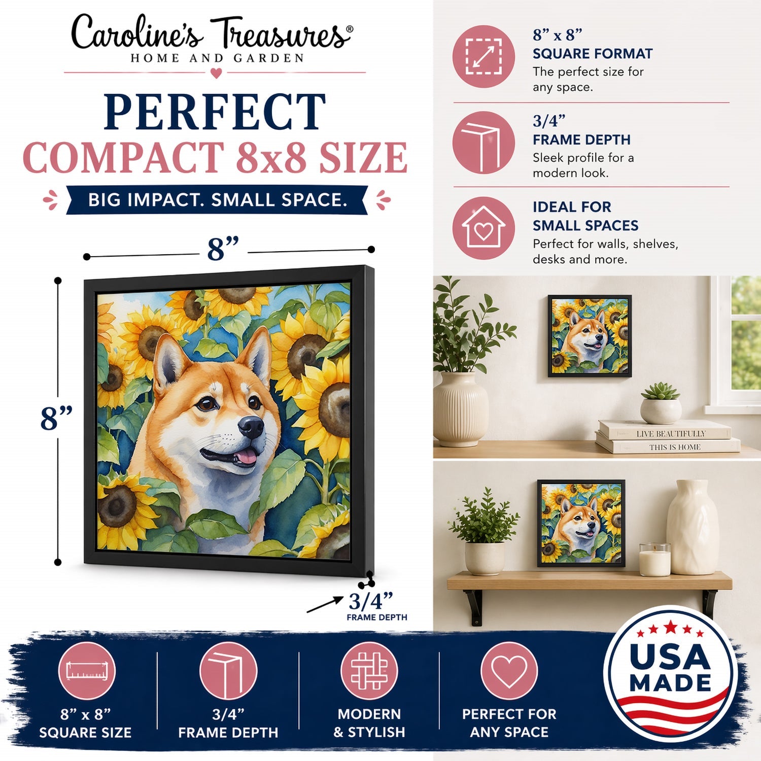Shiba Inu in Sunflowers Framed Metal Print Bathroom, Kitchen, Office, Home Decor Wall Art Ready to Hang, Square, 8X8