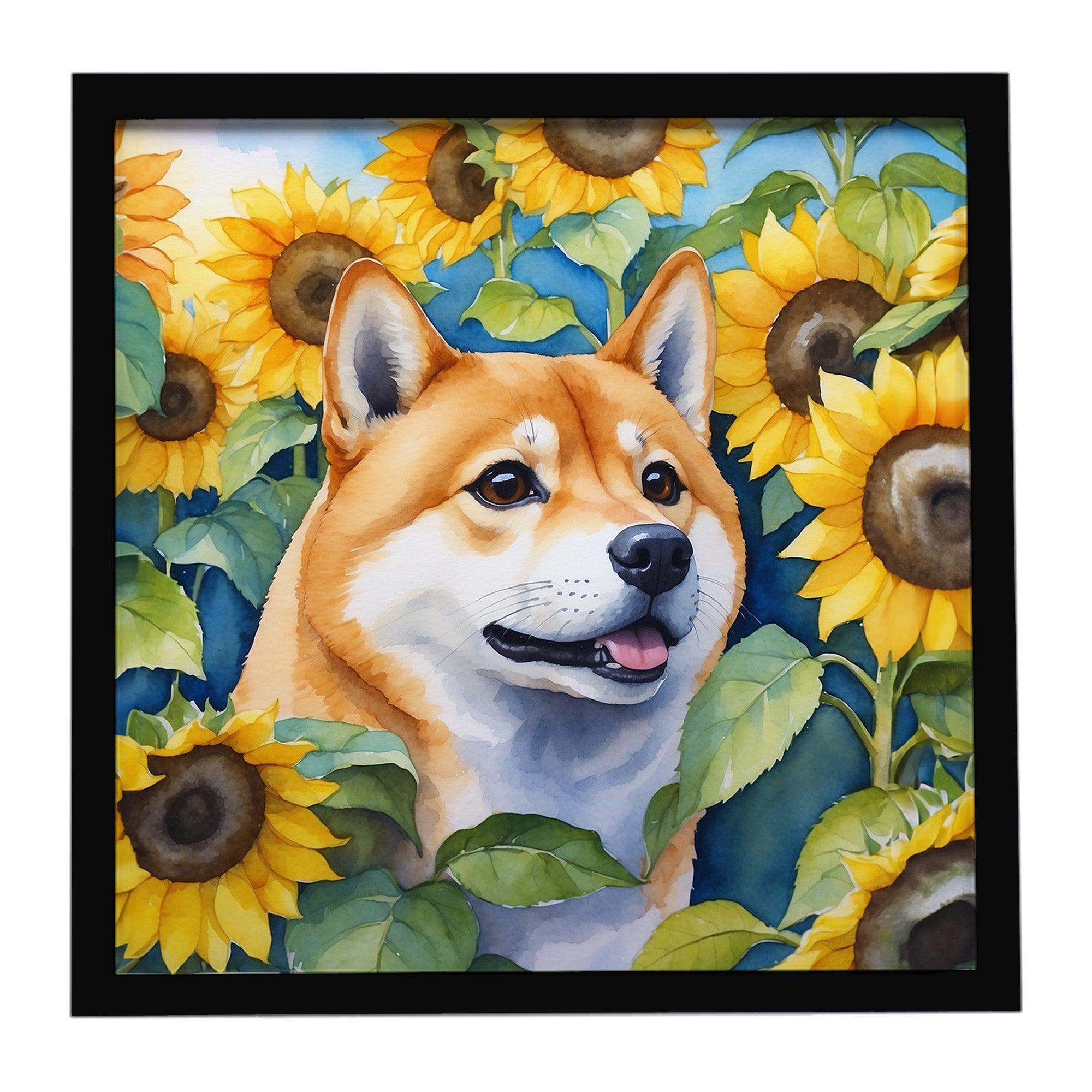 Shiba Inu in Sunflowers Framed Metal Print Bathroom, Kitchen, Office, Home Decor Wall Art Ready to Hang, Square, 8X8