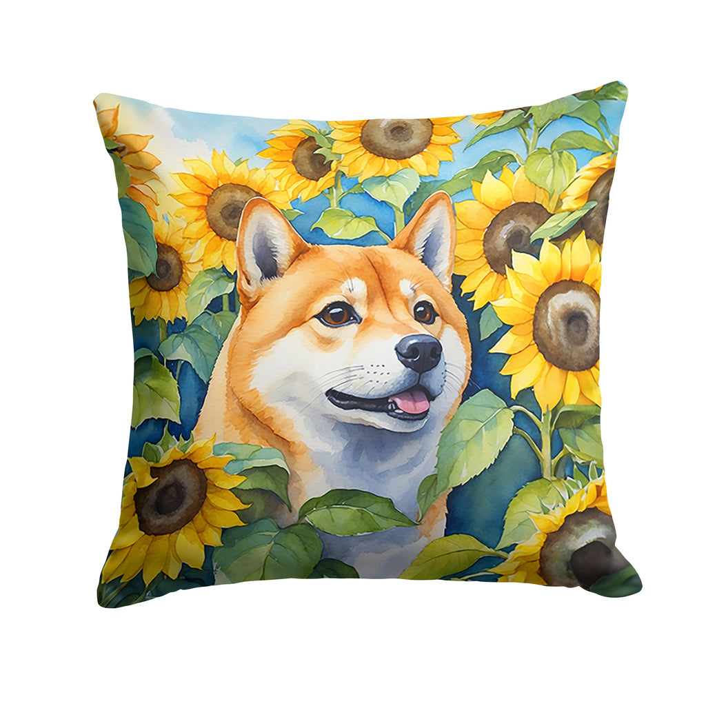 Shiba Inu in Sunflowers Decorative Throw Pillow 14x14 Indoor Outdoor Accent Cushion, Fabric Cover with Insert for Sofa, Bed, Porch & Living Room