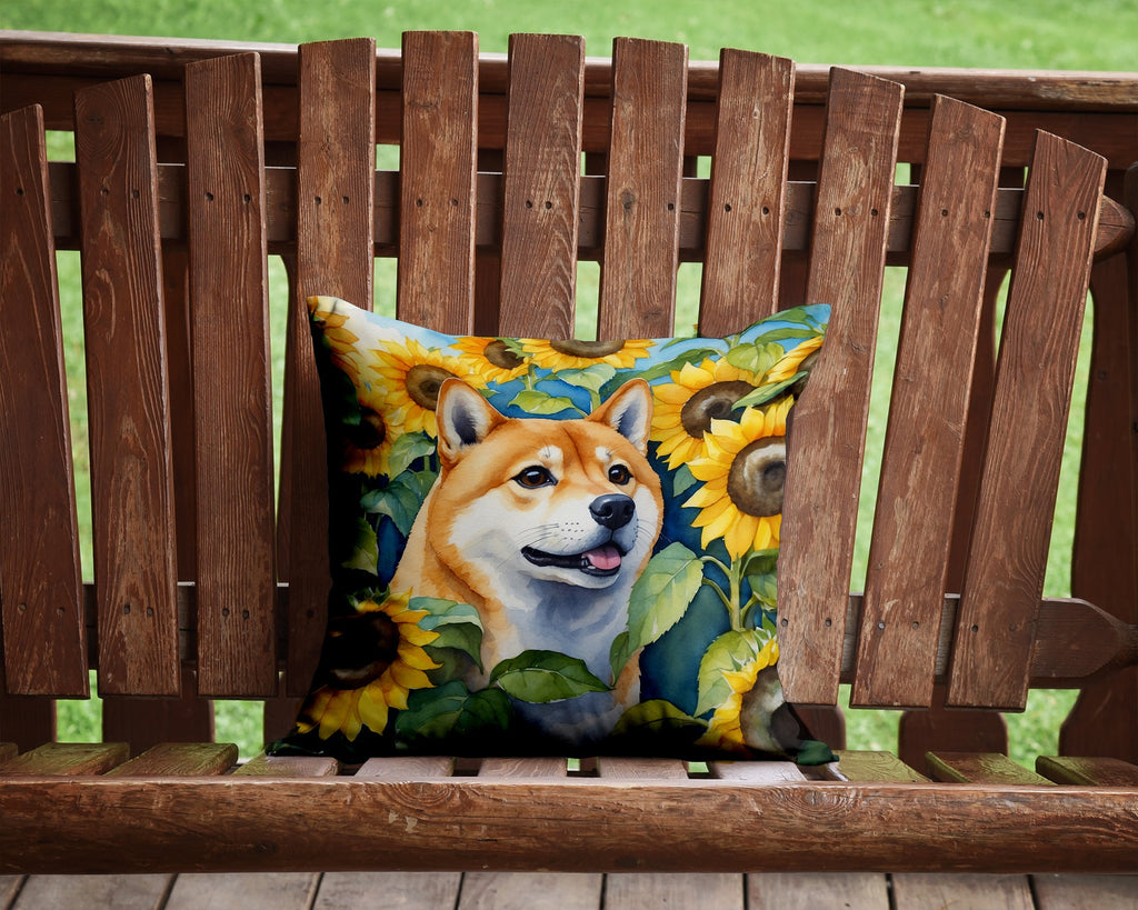 Shiba Inu in Sunflowers Decorative Throw Pillow 14x14 Indoor Outdoor Accent Cushion, Fabric Cover with Insert for Sofa, Bed, Porch & Living Room