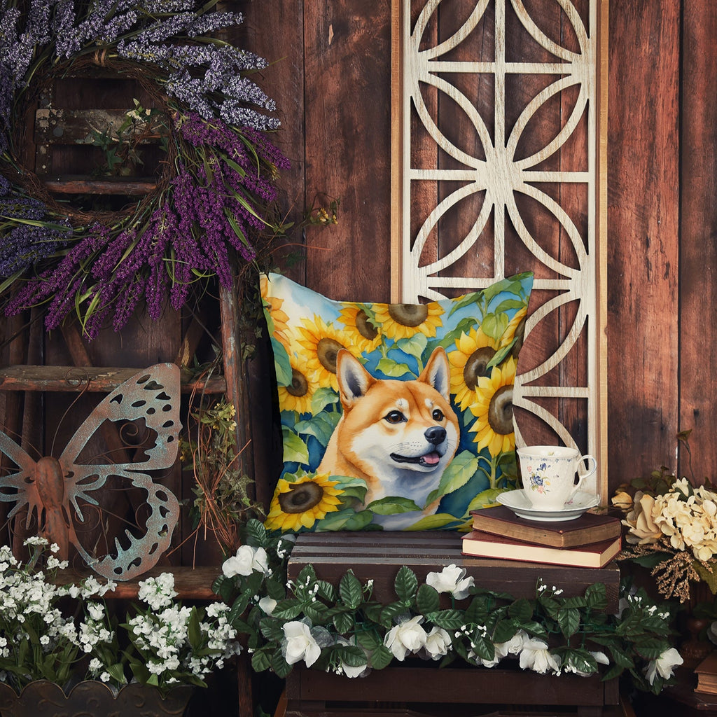 Shiba Inu in Sunflowers Decorative Throw Pillow 14x14 Indoor Outdoor Accent Cushion, Fabric Cover with Insert for Sofa, Bed, Porch & Living Room