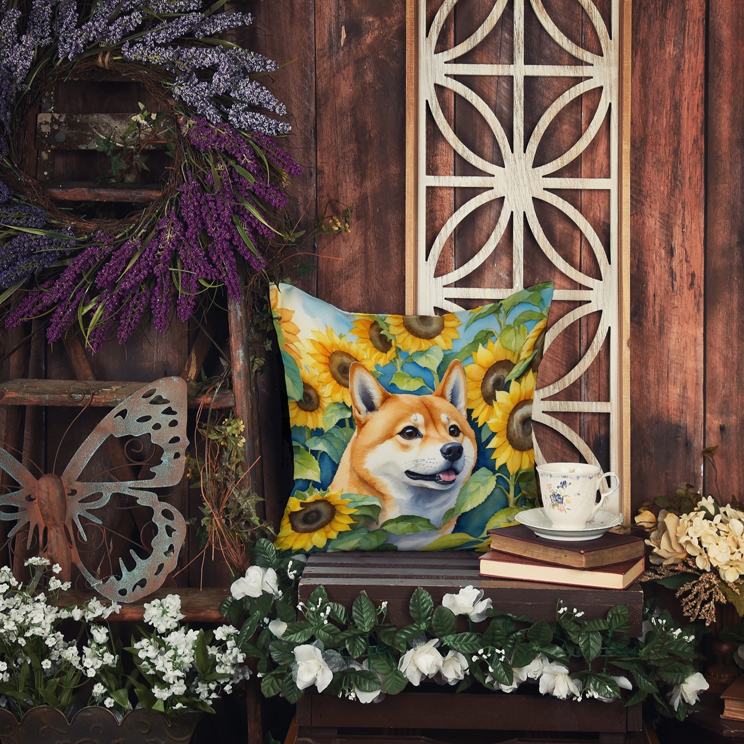 Shiba Inu in Sunflowers Decorative Throw Pillow 14x14 Indoor Outdoor Accent Cushion, Fabric Cover with Insert for Sofa, Bed, Porch & Living Room