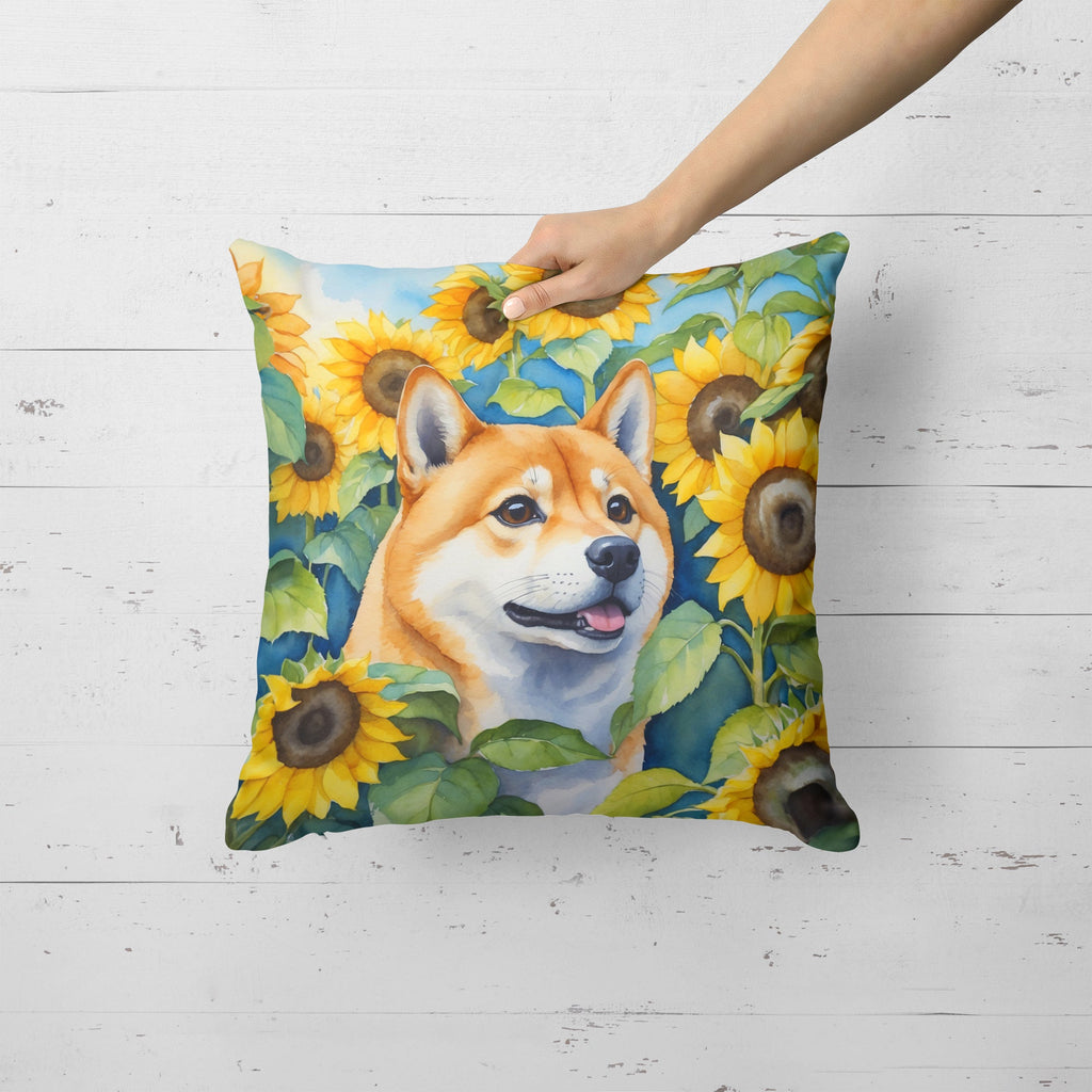 Shiba Inu in Sunflowers Decorative Throw Pillow 18x18 Indoor Outdoor Accent Cushion, Fabric Cover with Insert for Sofa, Bed, Porch & Living Room