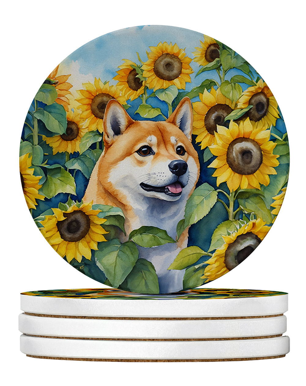 Shiba Inu in Sunflowers Large Sandstone Coasters Pack of 4 Absorbent Round Coasters Decor Gifts for Men or Women, 4 in, Multicolor