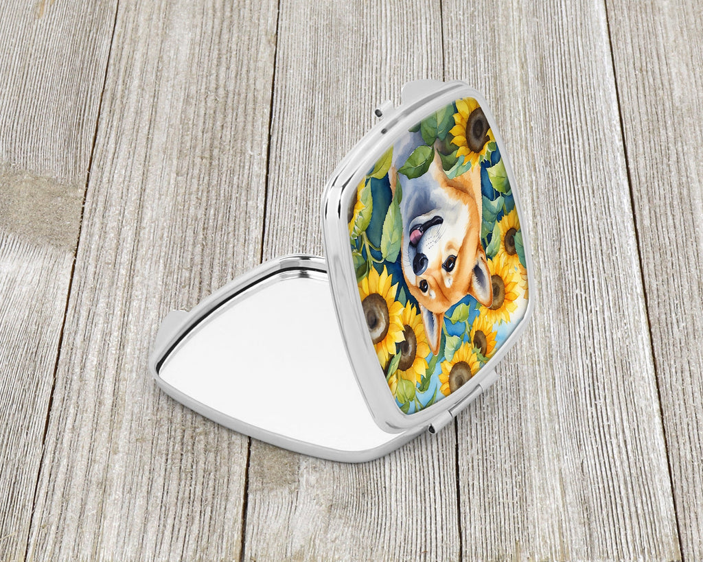 Shiba Inu in Sunflowers Compact Mirror Decorative Travel Makeup Mirror for Women Girls Gifts Pocket Makeup Mirror Folding Handheld