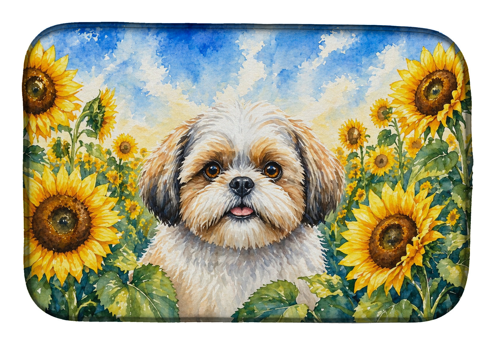 Shih Tzu in Sunflowers Dish Drying Mat Absorbent Dish Drying Mat Pad for Kitchen Counter Dish Drainer Mat for Countertop, 14 x 21", Multicolor