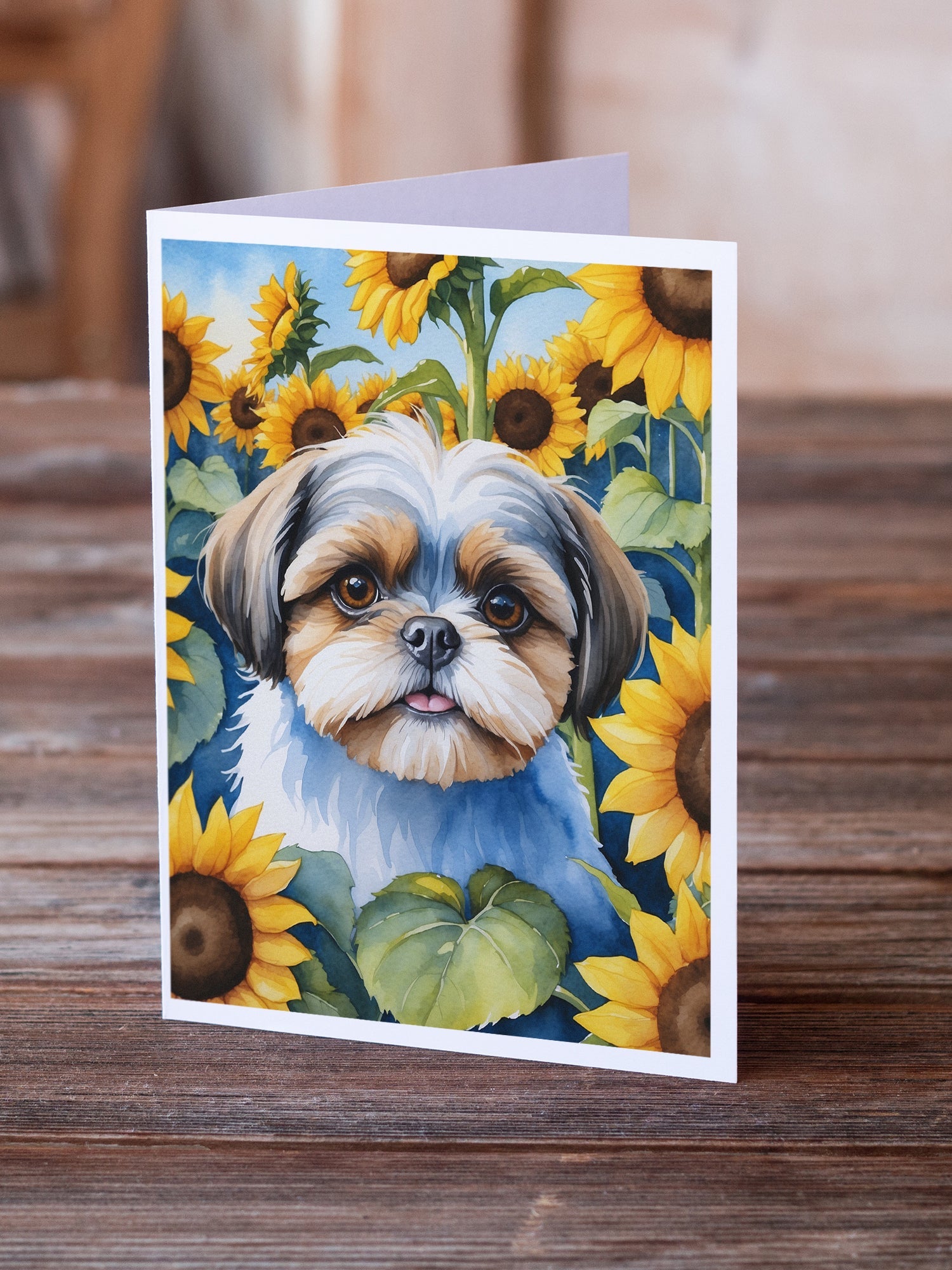 Shih Tzu in Sunflowers Greeting Cards Pack of 8 Blank Cards with Envelopes Whimsical A7 Size 5x7
