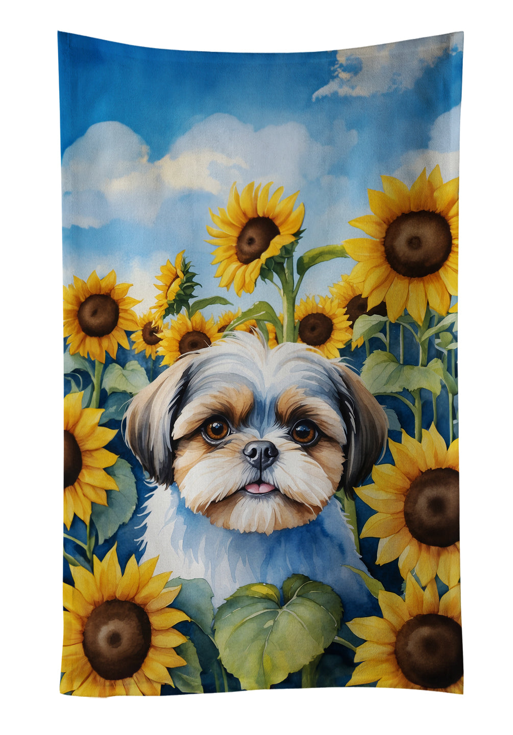 Shih Tzu in Sunflowers Kitchen Towel Velour Plush Front and Cotton Loop Back Machine Washable