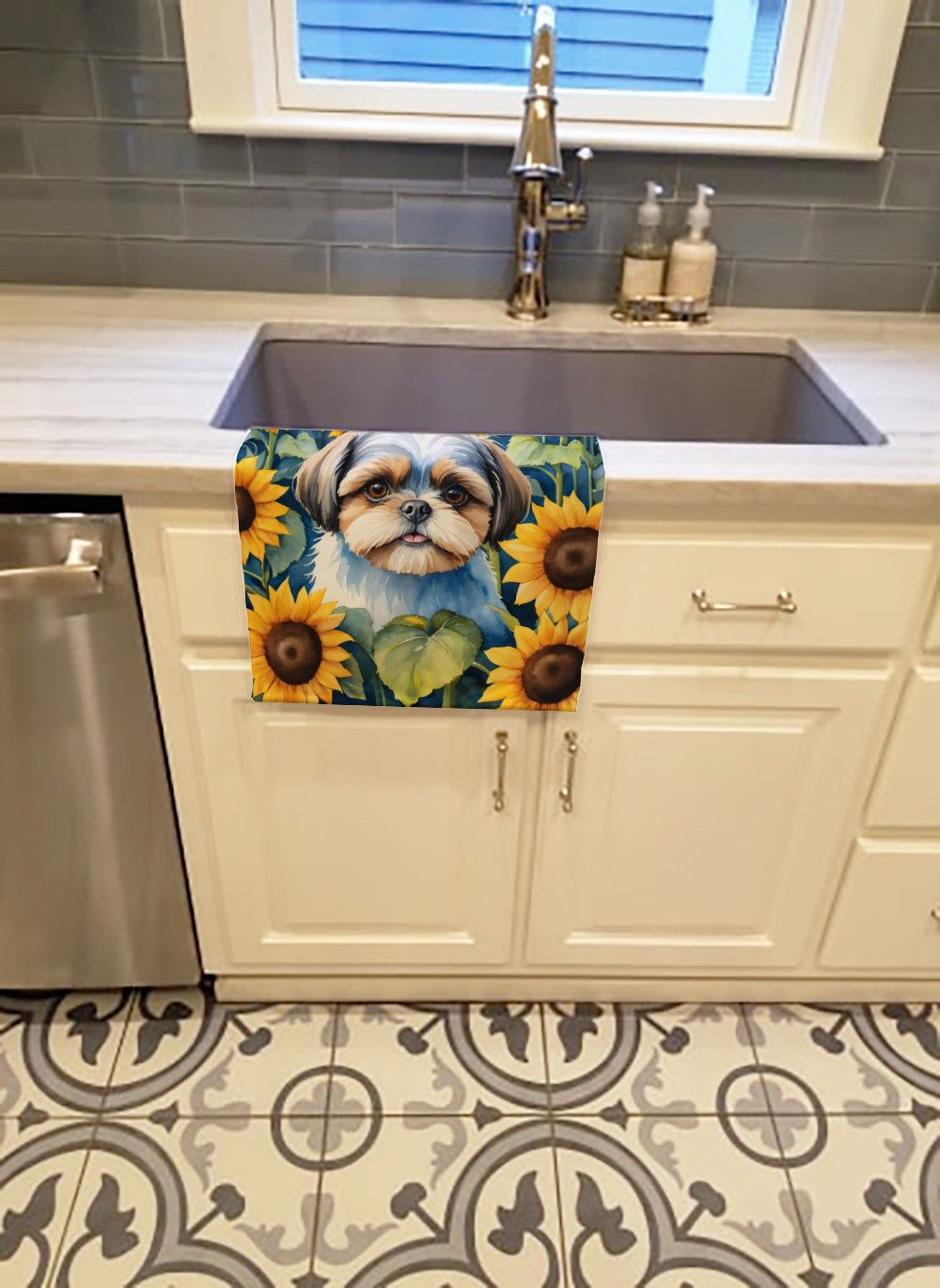 Shih Tzu in Sunflowers Kitchen Towel Velour Plush Front and Cotton Loop Back Machine Washable