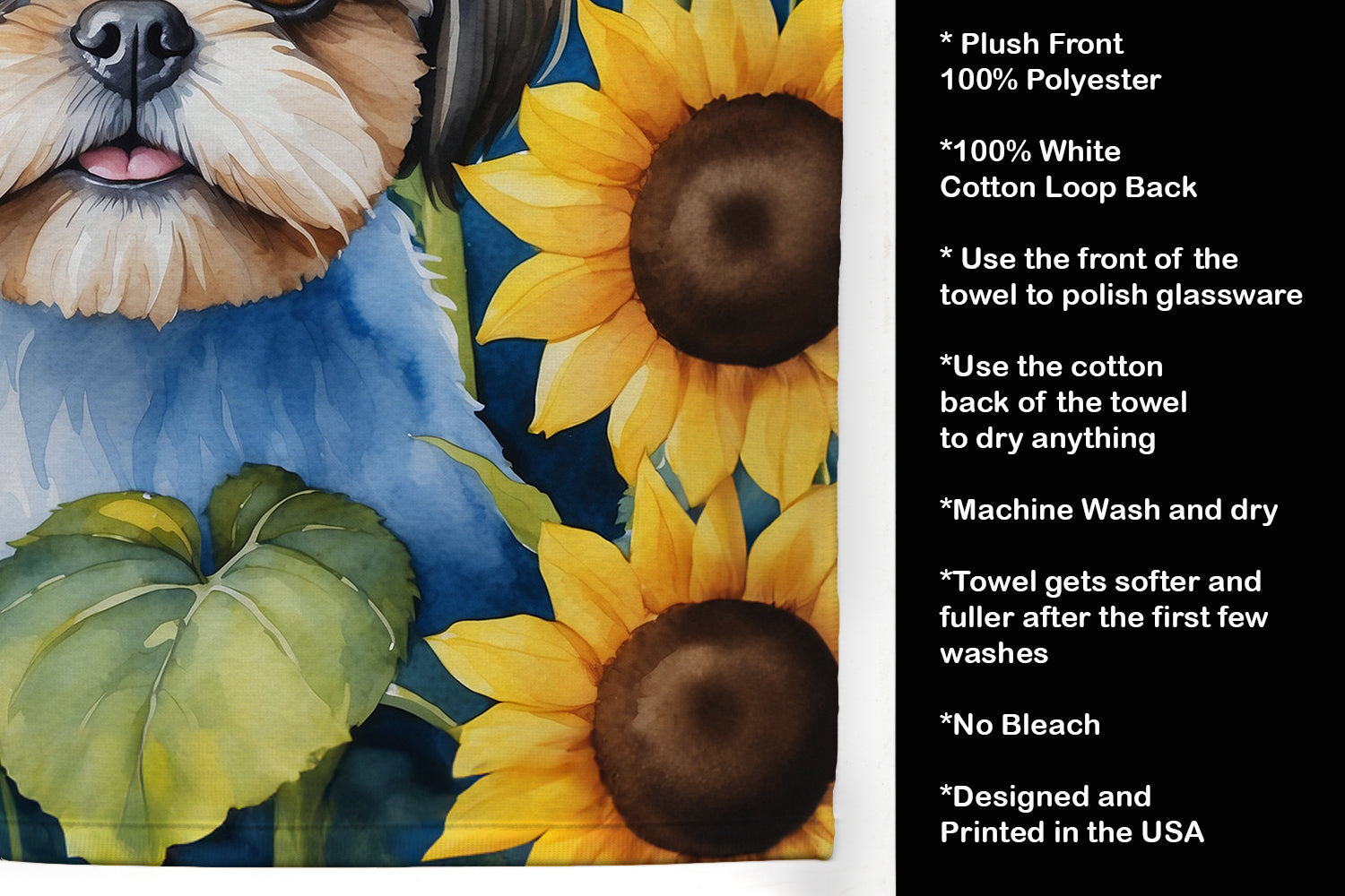 Shih Tzu in Sunflowers Kitchen Towel Velour Plush Front and Cotton Loop Back Machine Washable