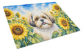 Shih Tzu in Sunflowers Cutting Board Tempered Glass Kitchen Cutting Surface, Heat Resistant Chopping Board with Non-Slip Feet, Decorative Food Prep & Serving