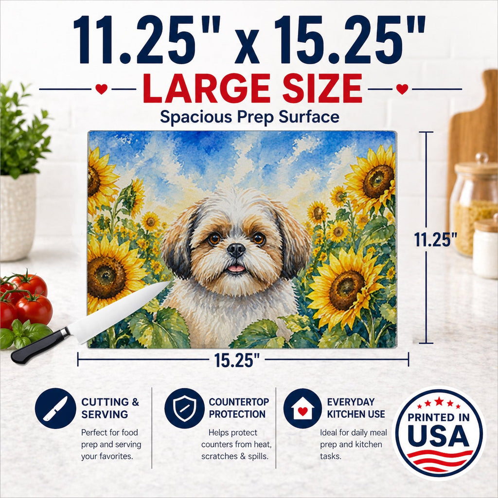 Shih Tzu in Sunflowers Cutting Board Tempered Glass Kitchen Cutting Surface, Heat Resistant Chopping Board with Non-Slip Feet, Decorative Food Prep & Serving